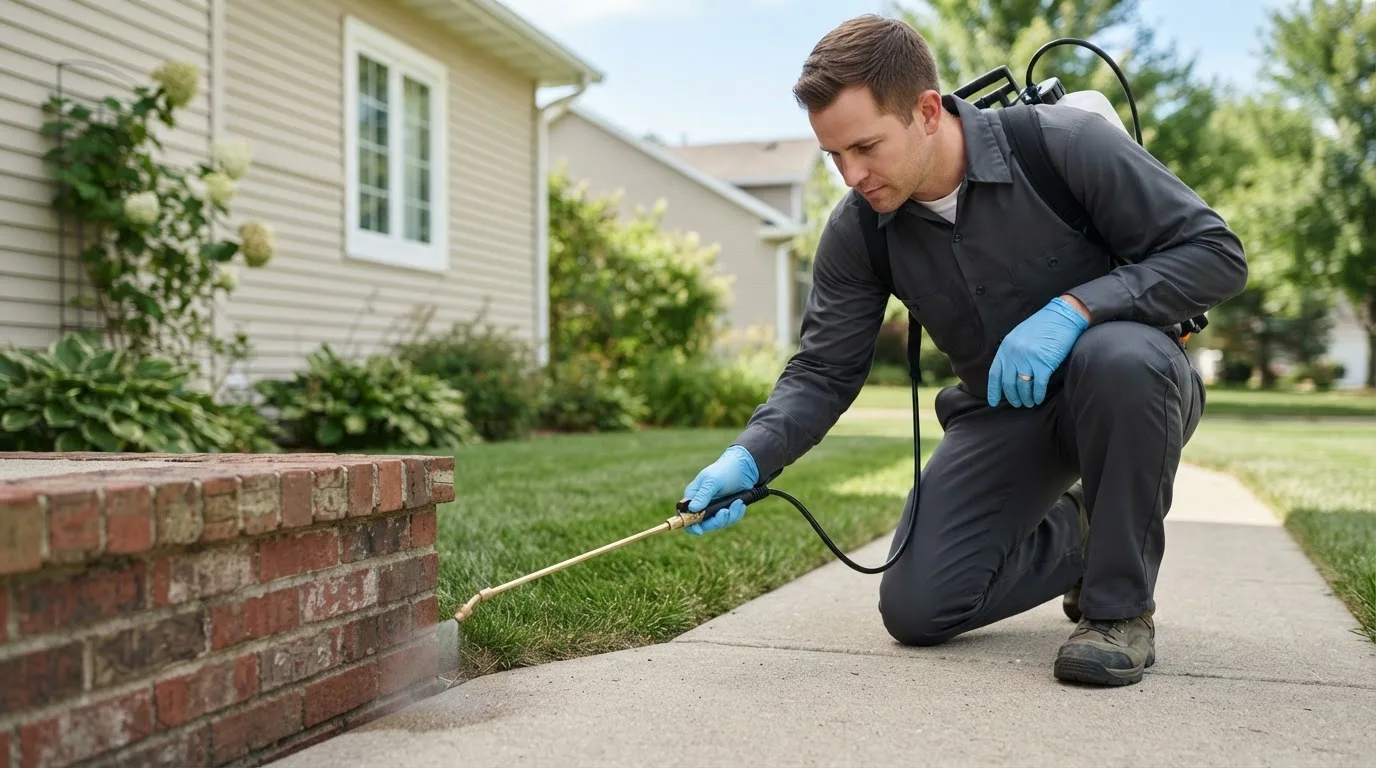 Pest control technician treating a home near Elkhart, IL